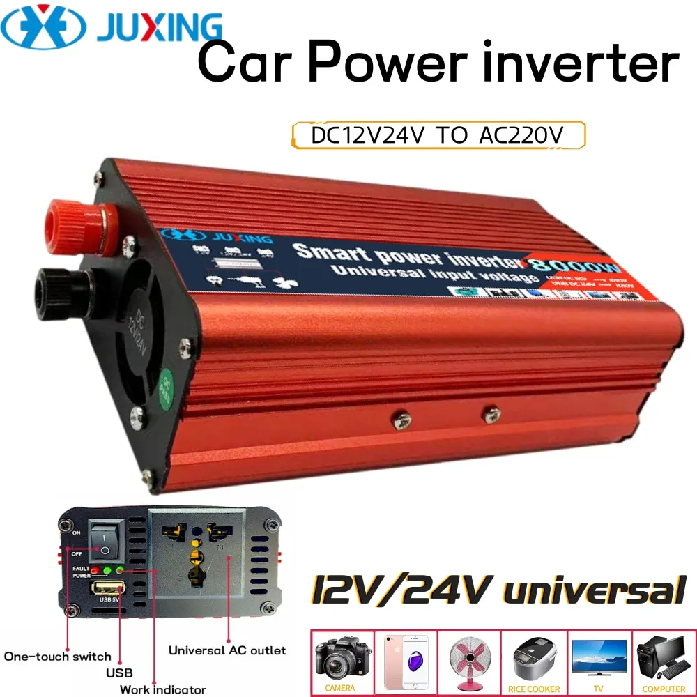 JUXING 8000W Car Power Inverter Universal DC12V/24V To 220V Converter With USB Port and Socket Use for Vehicle,Home, Outdoor
JUXING 8000W Car Power Inverter Universal DC12V/24V To 220V Converter With USB Port and Socket Use for Vehicle,Home, Outdoor