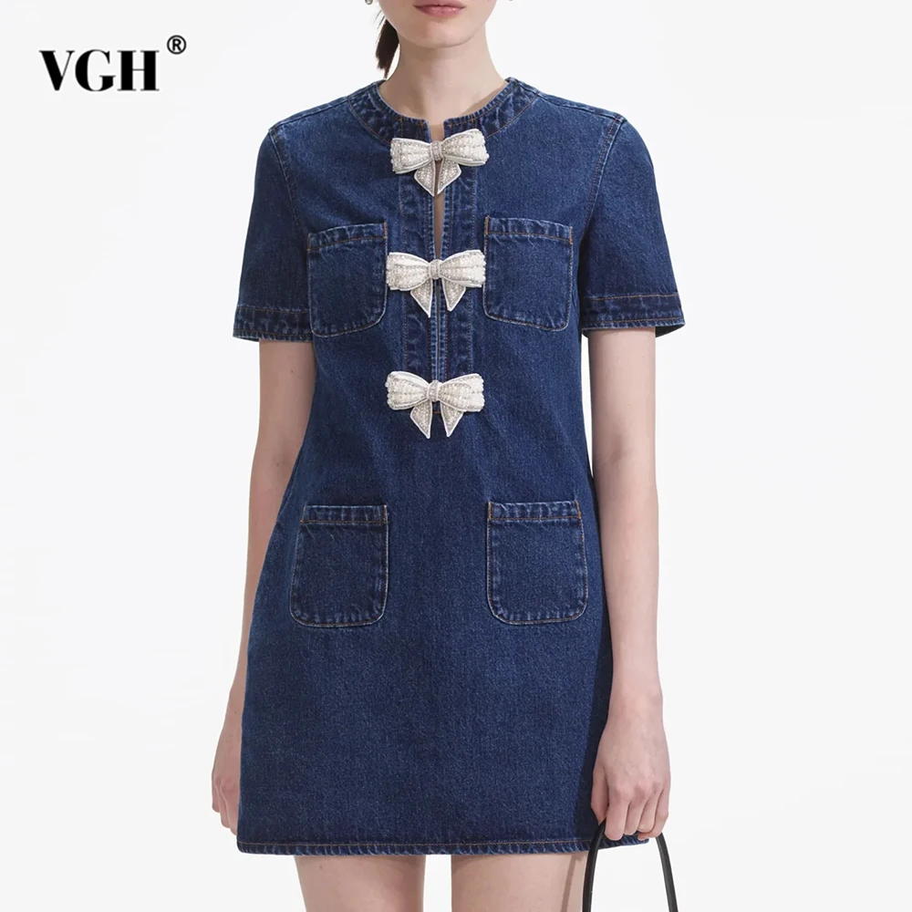 VGH Hit Color Slimming Denim Dresses For Women Round Neck Short Sleeve High Waist Spliced Bowknot Cute Dress Female Style New
VGH Hit Color Slimming Denim Dresses For Women Round Neck Short Sleeve High Waist Spliced Bowknot Cute Dress Female Style New