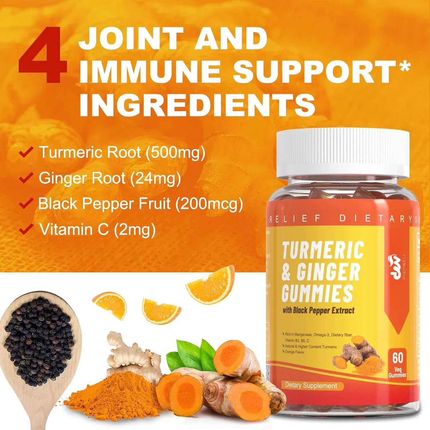Turmeric Curcumin Gummies for Adults, with Black Pepper, Ginger Root, Vitamine C, Low Sugar Fruit Gummies- 60 Gummies
Turmeric Curcumin Gummies for Adults, with Black Pepper, Ginger Root, Vitamine C, Low Sugar Fruit Gummies- 60 Gummies