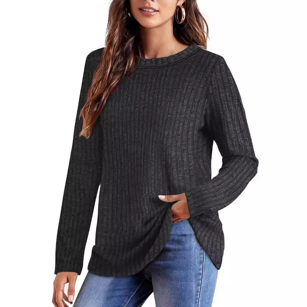 2025 Autumn Women Round Neck Top Long Sleeve T-shirt Pit Stripe Pullovers Solid Color Lightweight Ladies Sweaters Comfortable Wo 
2025 Autumn Women Round Neck Top Long Sleeve T-shirt Pit Stripe Pullovers Solid Color Lightweight Ladies Sweaters Comfortable Wo