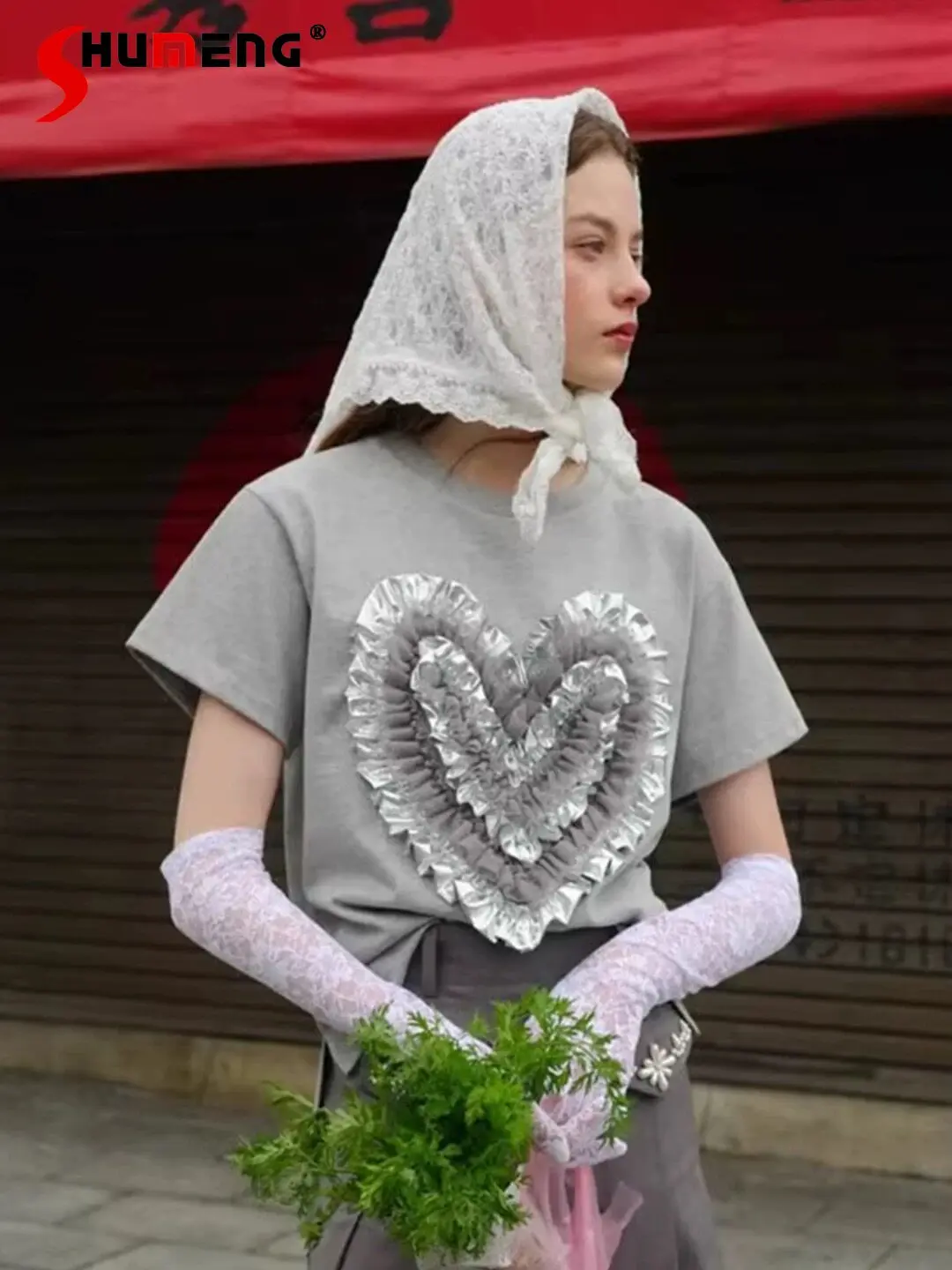 Japanese Women's Grey Casual T-shirt Spring Summer Female Clothes Lady Round Neck Three-dimensional Love Pleated Lace T-shirt
Japanese Women's Grey Casual T-shirt Spring Summer Female Clothes Lady Round Neck Three-dimensional Love Pleated Lace T-shirt