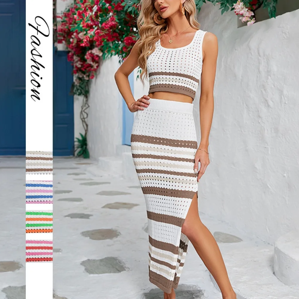 Women 2026 Summer New Striped Hollow Out Two Piece Set Crop Top Slit Maxi Skirt
Women 2026 Summer New Striped Hollow Out Two Piece Set Crop Top Slit Maxi Skirt