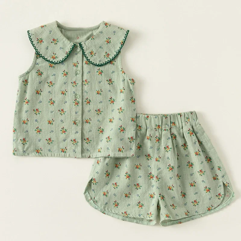 Summer Girls 2 Piece Set Korean Baby Clothes Cute Flowers Print Sleeveless Doll Collar Tops+Shorts Boutique Kids Clothing BC273
Summer Girls 2 Piece Set Korean Baby Clothes Cute Flowers Print Sleeveless Doll Collar Tops+Shorts Boutique Kids Clothing BC273