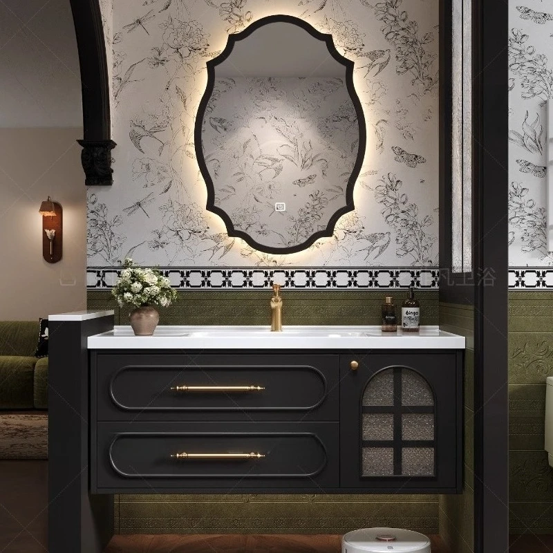 French retro bathroom cabinet combination bathroom ceramic integrated basin solid wood black washstand
French retro bathroom cabinet combination bathroom ceramic integrated basin solid wood black washstand