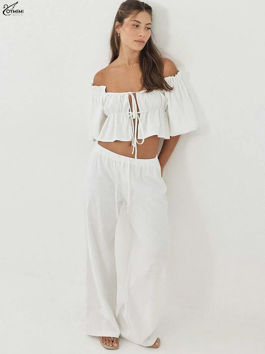 Oymimi Casual White Cotton Two Piece Outfits Woman Fashion Strapless Half Sleeve Lace-Up Crop Tops And Drawstring Trousers Sest
Oymimi Casual White Cotton Two Piece Outfits Woman Fashion Strapless Half Sleeve Lace-Up Crop Tops And Drawstring Trousers Sest