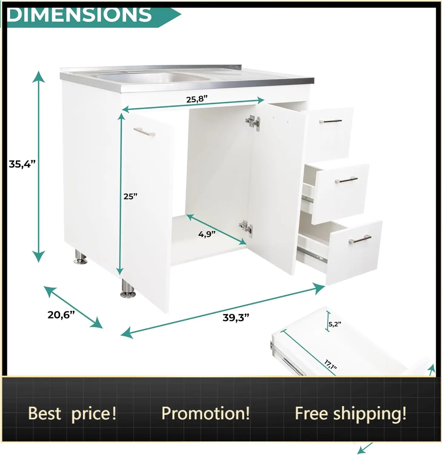 Ferretti Utility Sink Base Cabinet with Stainless Steel Countertop, Three Storage Drawers, Double-Door Cabinet and Integrated Fa
Ferretti Utility Sink Base Cabinet with Stainless Steel Countertop, Three Storage Drawers, Double-Door Cabinet and Integrated Fa