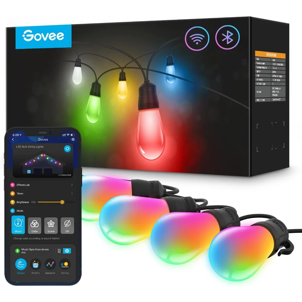 Smart Outdoor String Lights H7021, RGBIC Warm White 96ft (2 Ropes of 48ft) LED Bulbs for Outdoor Decorations
Smart Outdoor String Lights H7021, RGBIC Warm White 96ft (2 Ropes of 48ft) LED Bulbs for Outdoor Decorations