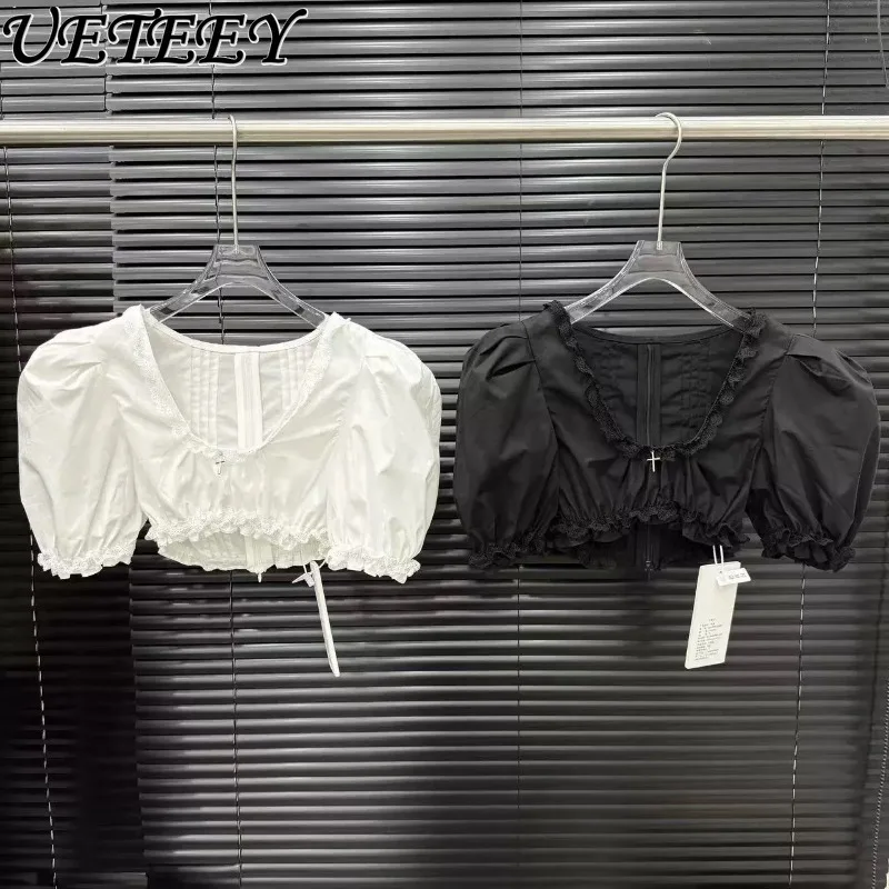 White Black Versatile Slimming Tops Fashion Blouse Summer 2025 Niche Design Folded Bubble Sleeves Short Shirt for Women
White Black Versatile Slimming Tops Fashion Blouse Summer 2025 Niche Design Folded Bubble Sleeves Short Shirt for Women