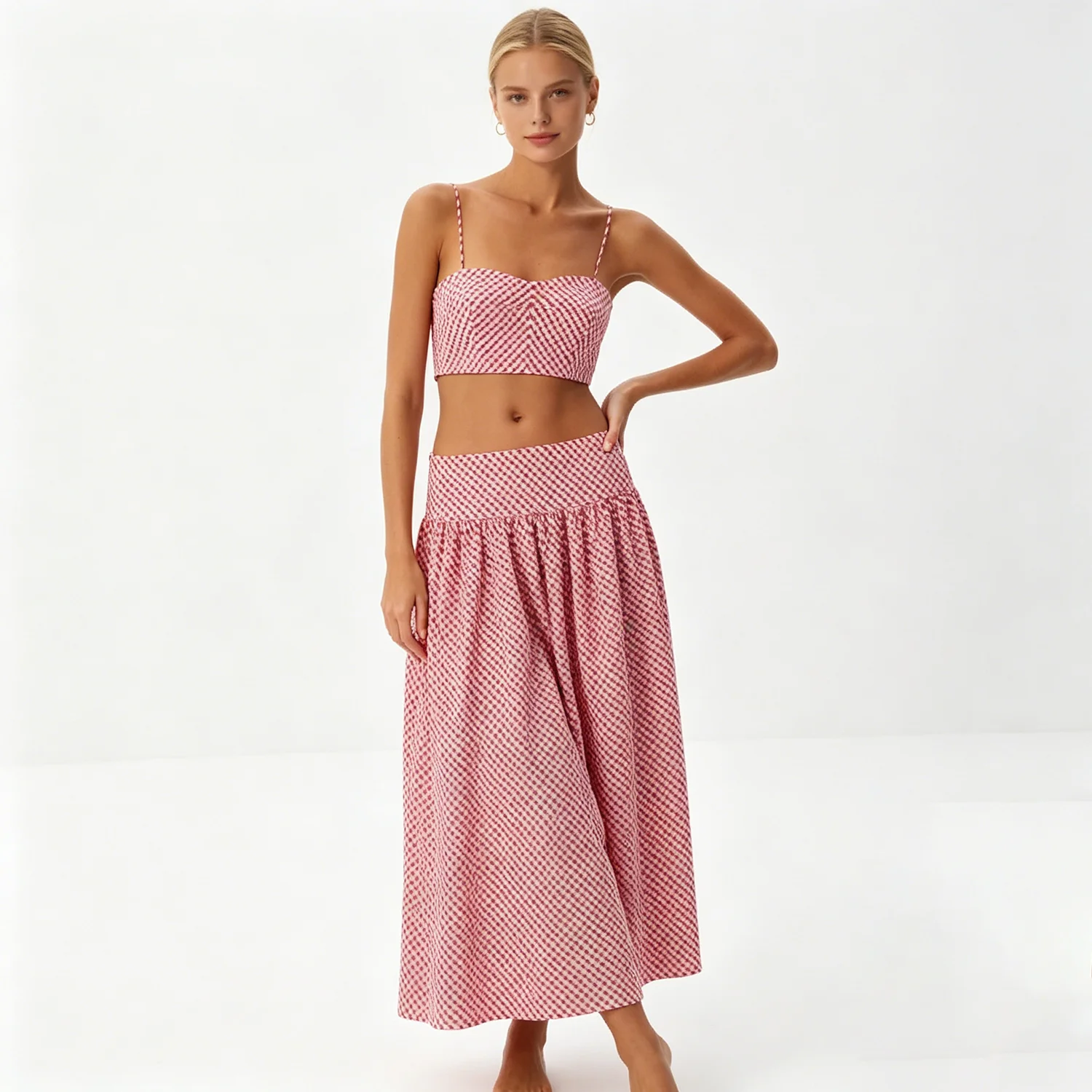 PUAL Summer Gingham Matching Suit For Ladies,Thin Strap Sweetheart Crop Camisole &Flowy Long Skirt,2026 Casual Holiday Two-Piece
PUAL Summer Gingham Matching Suit For Ladies,Thin Strap Sweetheart Crop Camisole &Flowy Long Skirt,2026 Casual Holiday Two-Piece