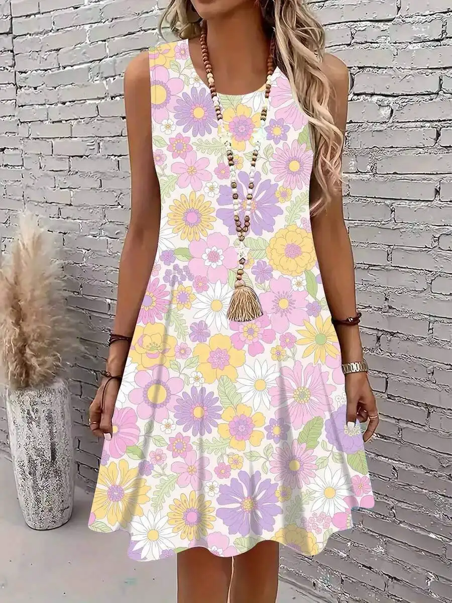 Floral Print Sleeveless A-Line Dress With Round Neck For Casual Wear
Floral Print Sleeveless A-Line Dress With Round Neck For Casual Wear