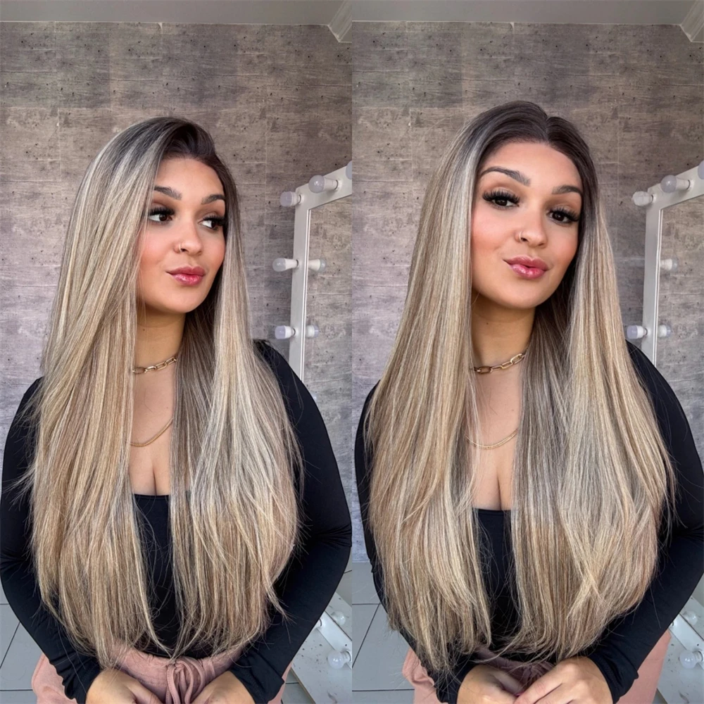 13x4 Ombre Ash Blonde with Brown Streaks Synthetic HD Lace Front Wig High Quality Glueless Wig Soft Wave Wig Preplucked Hairline
13x4 Ombre Ash Blonde with Brown Streaks Synthetic HD Lace Front Wig High Quality Glueless Wig Soft Wave Wig Preplucked Hairline