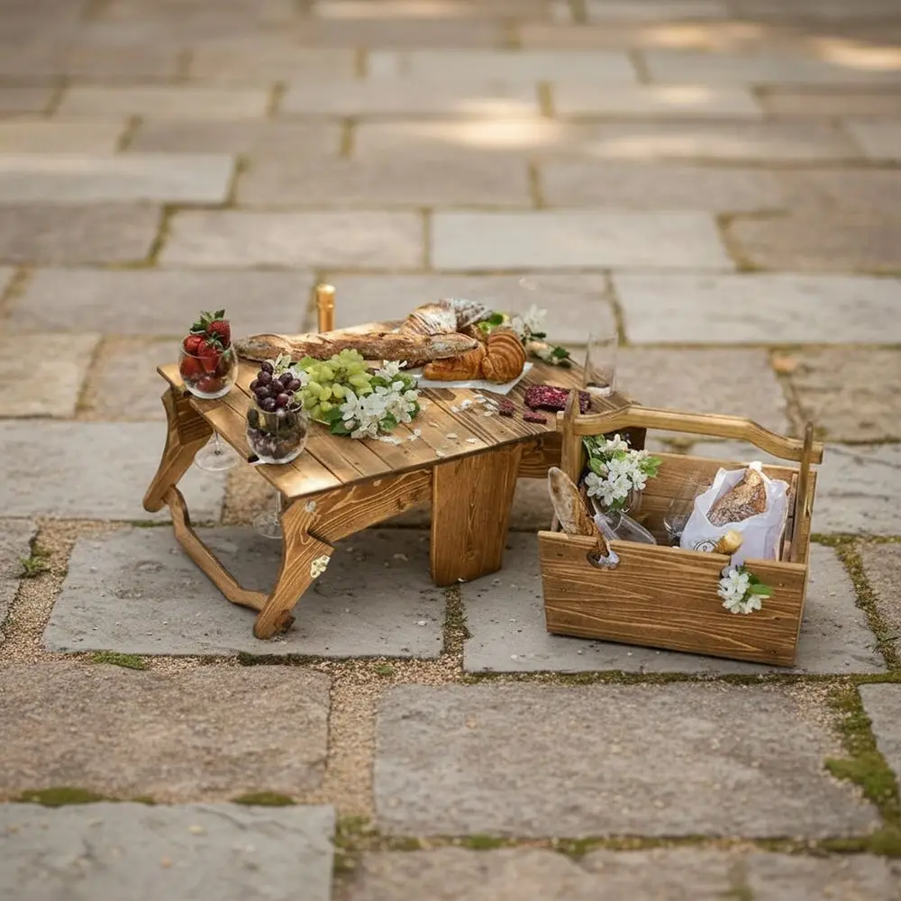 Wooden olding Picnic Table with Storage Basket - 2-in-1 Portable Outdoor Table with Wine Glass Holder, Ideal or Champagne, Snack
Wooden olding Picnic Table with Storage Basket - 2-in-1 Portable Outdoor Table with Wine Glass Holder, Ideal or Champagne, Snack