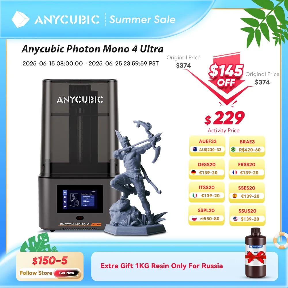 ANYCUBIC Photon Mono 4 Ultra LCD 3D-принтер 7 дюймов 10K Высокоточная УФ-смола 3D-печать 2,2 л Объем сборки Размер 236 мм * 231 мм * 430 мм
ANYCUBIC Photon Mono 4 Ultra LCD 3D-принтер 7 дюймов 10K Высокоточная УФ-смола 3D-печать 2,2 л Объем сборки Размер 236 мм * 231 мм * 430 мм