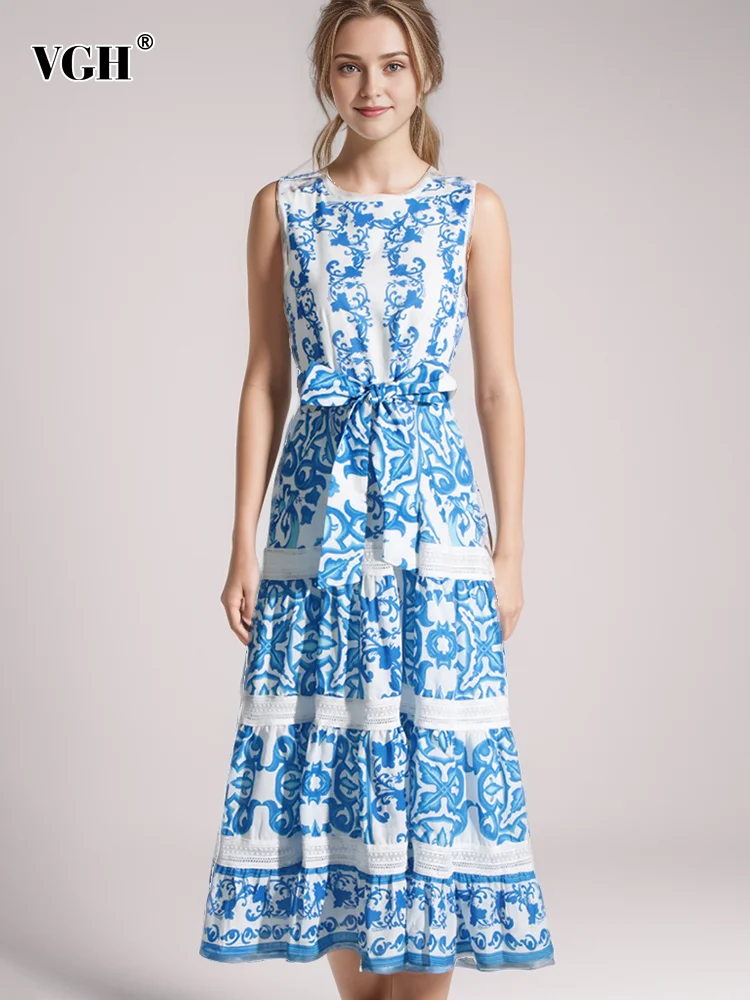VGH Patchwork Lace Up Elegant Slimming Dresses For Women Round Neck Sleeveless High Waist Hit Color Printing Casual Dress Female
VGH Patchwork Lace Up Elegant Slimming Dresses For Women Round Neck Sleeveless High Waist Hit Color Printing Casual Dress Female