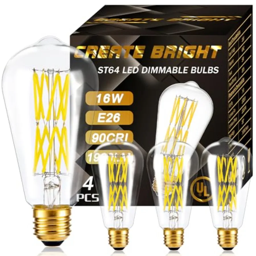 16W Dimmable ST64 Led Bulbs 5000K Daylight White Light Bulbs with 90+ CRI, E26 Base, Clear Glass, 1920 Lumen, Pack of 4
16W Dimmable ST64 Led Bulbs 5000K Daylight White Light Bulbs with 90+ CRI, E26 Base, Clear Glass, 1920 Lumen, Pack of 4
