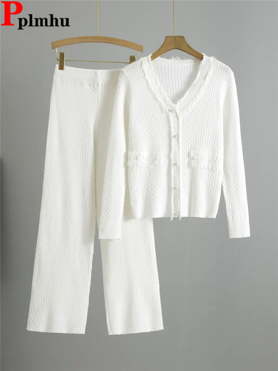 Korean Fashion Solid Slim Knitted 2 Piece Sets Women V-neck Sweater Cardigan Tops Conjuntos High Waist Wide Leg Pants Outfit New
Korean Fashion Solid Slim Knitted 2 Piece Sets Women V-neck Sweater Cardigan Tops Conjuntos High Waist Wide Leg Pants Outfit New