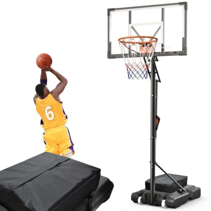 Outdoor basketball hoop with 10 ft height-adjustable system, 44 polycarbonate backboard, black finish, portable design with whe
Outdoor basketball hoop with 10 ft height-adjustable system, 44 polycarbonate backboard, black finish, portable design with whe