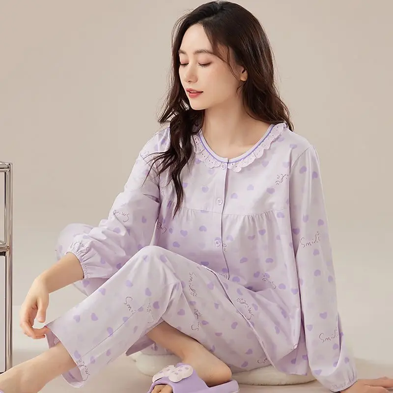 100% Cotton Pajamas Women Spring and Autumn Long Sleeve Round Neck Cardigan Young Women Wear A Large Size Set of Home Wear 2025 
100% Cotton Pajamas Women Spring and Autumn Long Sleeve Round Neck Cardigan Young Women Wear A Large Size Set of Home Wear 2025