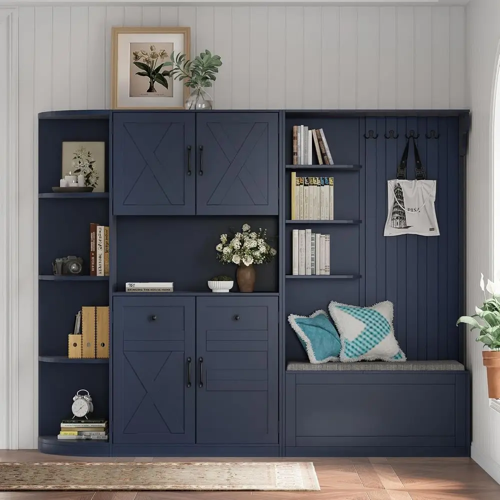 66 Multi-Functional Hall Tree with 4 Hooks, Open Shelves, and Hidden Storage, Antique Blue Entryway Bench for Living Room or Hal
66 Multi-Functional Hall Tree with 4 Hooks, Open Shelves, and Hidden Storage, Antique Blue Entryway Bench for Living Room or Hal