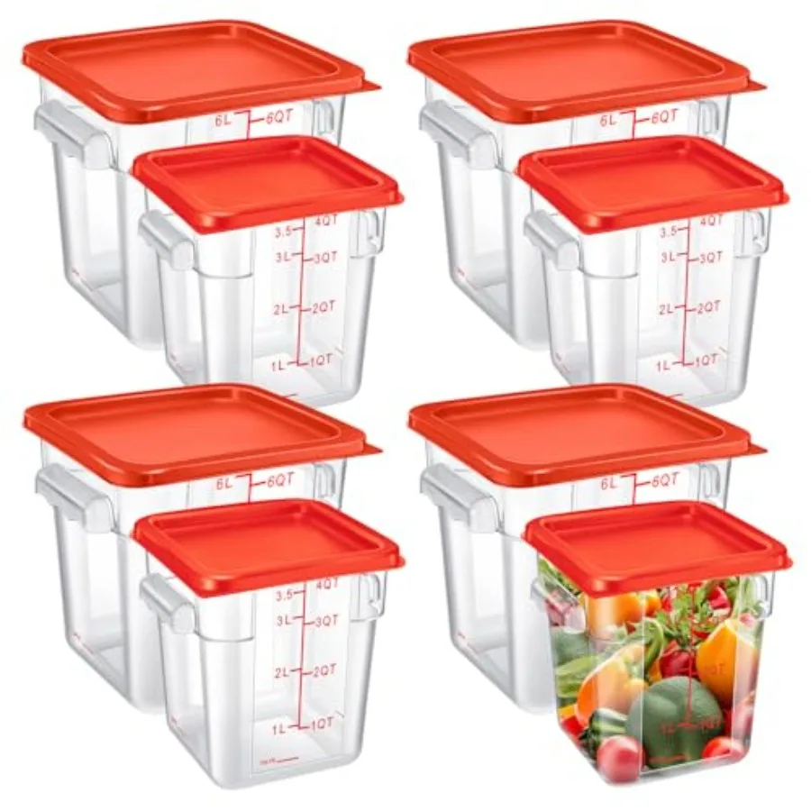 Restaurant kitchen food storage containers: polycarbonate, red, 4 QT 6 QT square clear containers with lids, scales, handles, c
Restaurant kitchen food storage containers: polycarbonate, red, 4 QT 6 QT square clear containers with lids, scales, handles, c