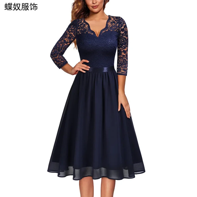 2023 Spring Women's Vintage V-neck 3/4 Sleeve Lace Collar Chiffon Slim Fit Sexy Elegant Mid length Dress streetwear
2023 Spring Women's Vintage V-neck 3/4 Sleeve Lace Collar Chiffon Slim Fit Sexy Elegant Mid length Dress streetwear