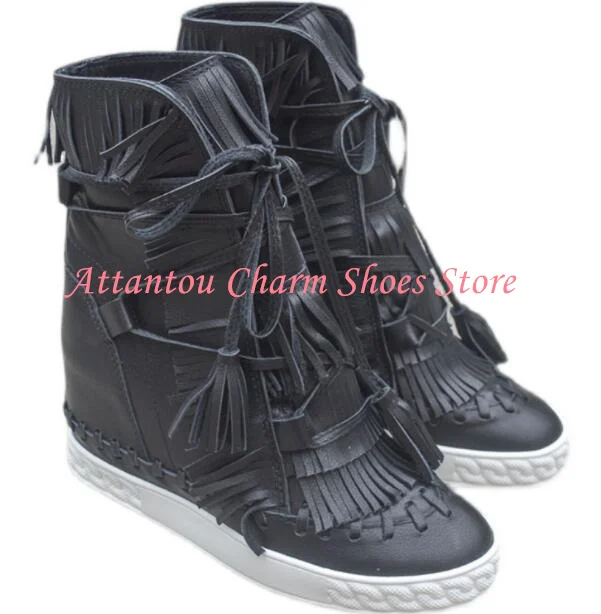 Black Leather Fringe Decor Lady Platform Shoes Sexy 8cm Increasing Heel Wedge Shoes Woman Tassel Casual Shoes Ankle Boots
Black Leather Fringe Decor Lady Platform Shoes Sexy 8cm Increasing Heel Wedge Shoes Woman Tassel Casual Shoes Ankle Boots