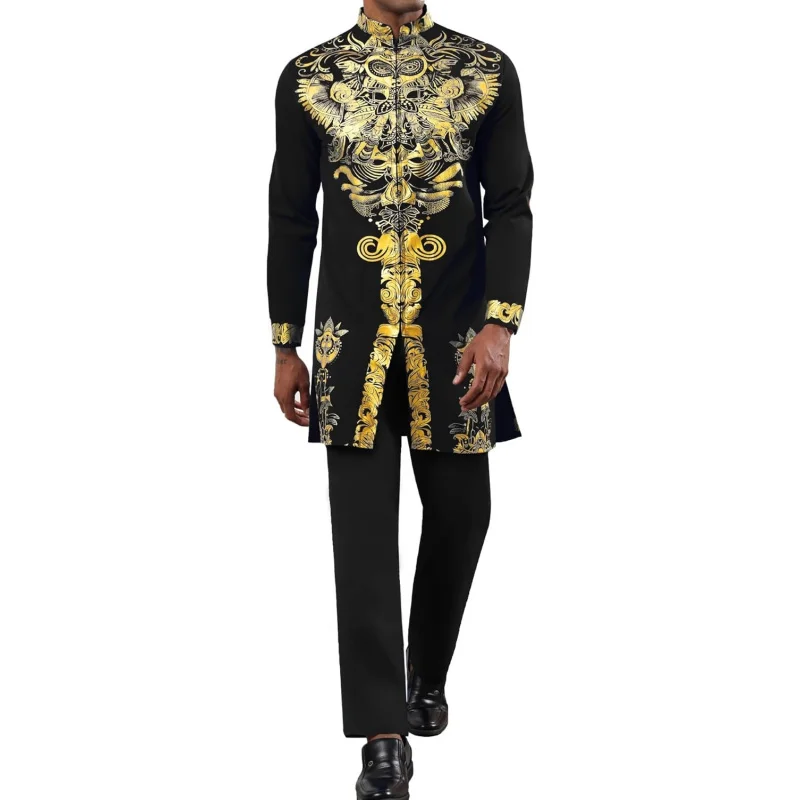 Mens African 2 Piece Set Zipper Nigerian Dashiki Metallic Shirt and Pants Outfit Gold Stamp Printed Long Traditional Suit
Mens African 2 Piece Set Zipper Nigerian Dashiki Metallic Shirt and Pants Outfit Gold Stamp Printed Long Traditional Suit