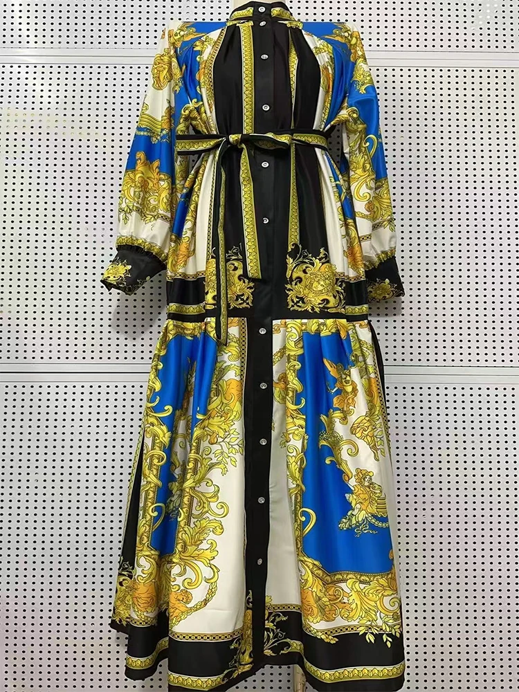 Luxurious temperament stand collar single-breasted long-sleeved printed loose dress Spring new women's lace waist slim A-line sk
Luxurious temperament stand collar single-breasted long-sleeved printed loose dress Spring new women's lace waist slim A-line sk