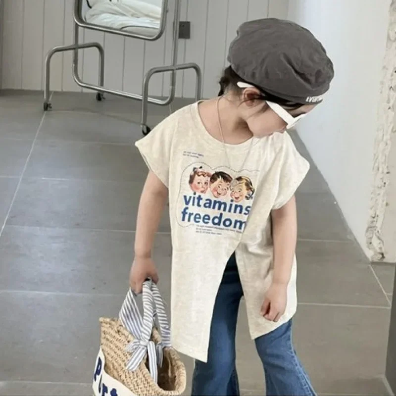 Summer Girls cartoon letters sleeveless T-shirt Medium Length Irregular split Tee Kids soft loose Tops
Summer Girls cartoon letters sleeveless T-shirt Medium Length Irregular split Tee Kids soft loose Tops
