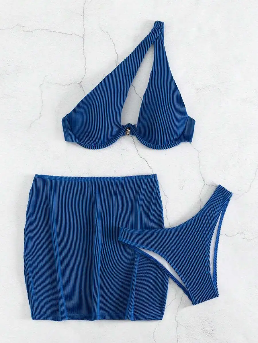 Blue Ribbed Cut-Out Underwire Bikini Set With High Cut Bottom And Beach Skirt
Blue Ribbed Cut-Out Underwire Bikini Set With High Cut Bottom And Beach Skirt