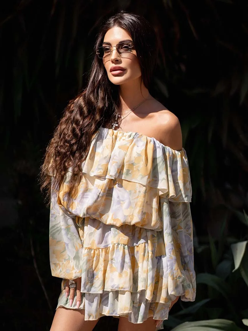 Oymimi Casual Yellow Print Women's Dress Fashion Strapless Long Sleeve Ruffled Dresses Elegant New Lace-Up Pleated Mini Dresses 
Oymimi Casual Yellow Print Women's Dress Fashion Strapless Long Sleeve Ruffled Dresses Elegant New Lace-Up Pleated Mini Dresses