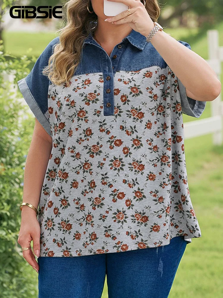 GIBSIE Plus Size Floral Print Half Open Collar Blouse Women Summer Retro Denim Patchwork Casual Loose Female Shirt Top 2026 New
GIBSIE Plus Size Floral Print Half Open Collar Blouse Women Summer Retro Denim Patchwork Casual Loose Female Shirt Top 2026 New