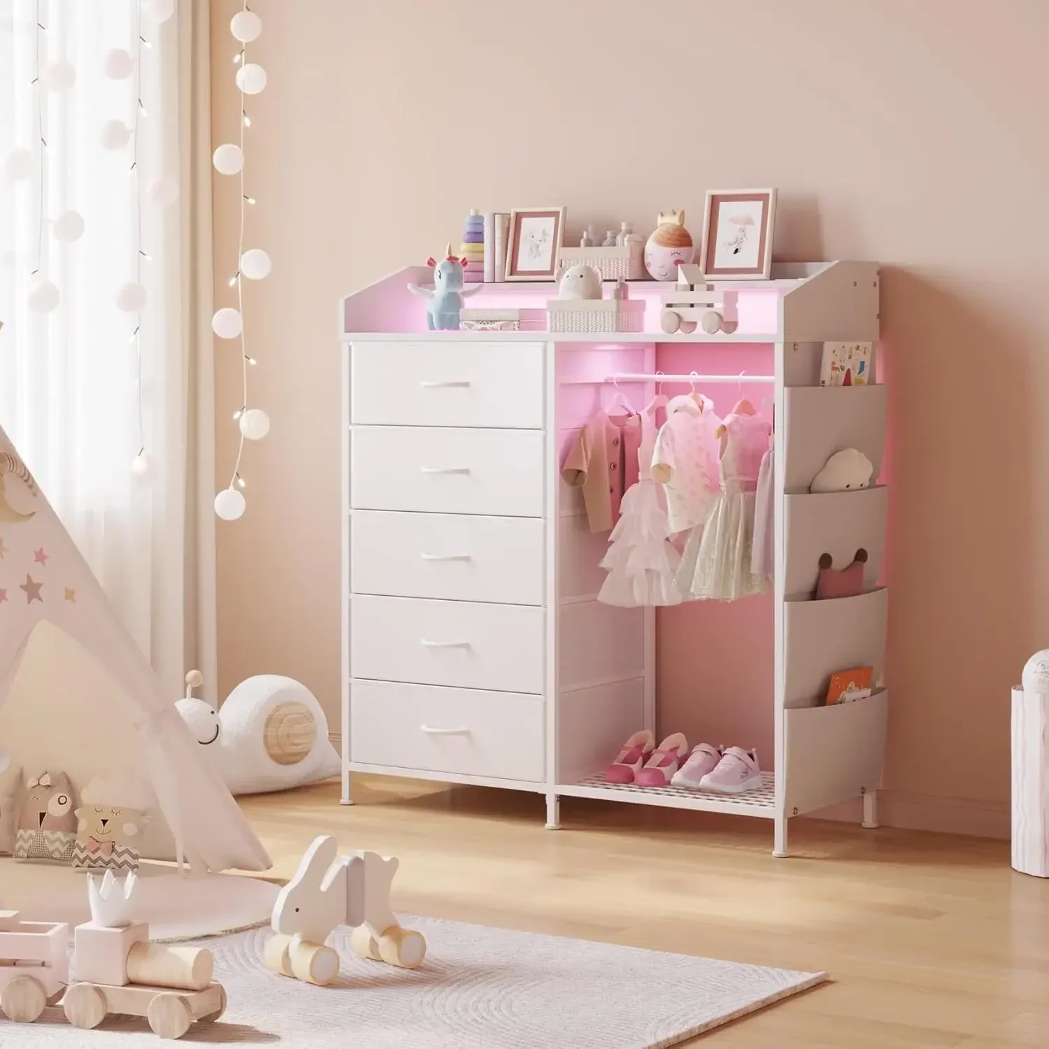 Modern 5 Dresser with LED Hanging Rack, Dresser with Clothes Rack, Hanger Rack, and Storage Drawers, Drawer Dressers with Coat R
Modern 5 Dresser with LED Hanging Rack, Dresser with Clothes Rack, Hanger Rack, and Storage Drawers, Drawer Dressers with Coat R