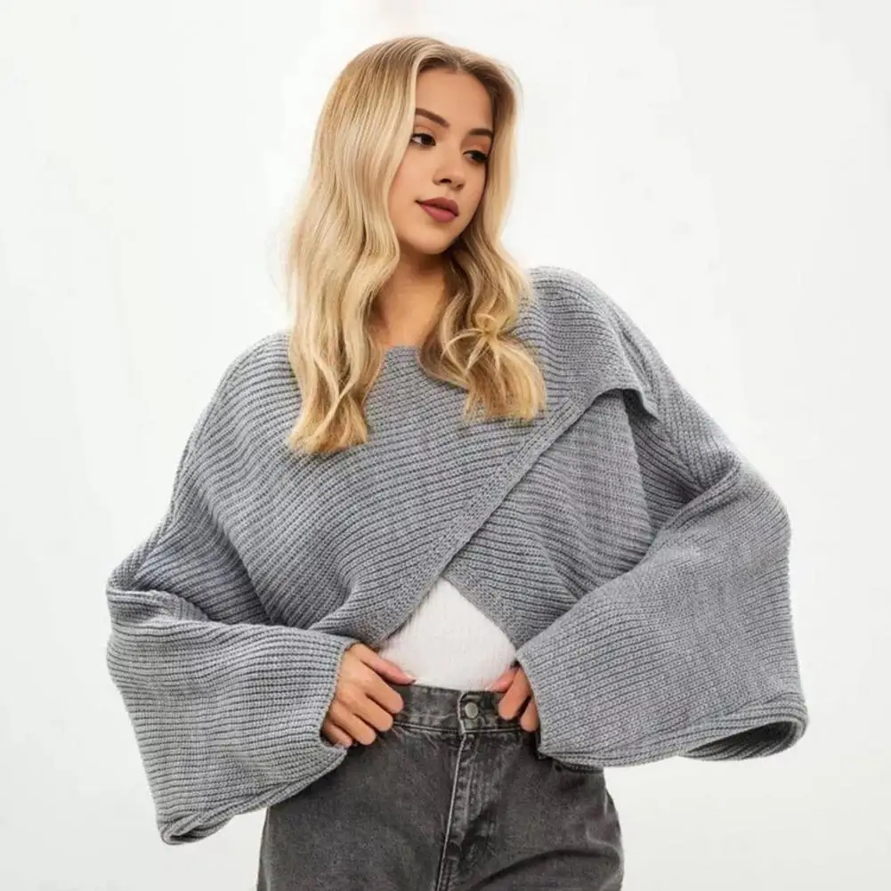 Women Sweater O-Neck Batwing Long Sleeve Solid Color Loose Fit Knitting Tops Exposed Navel Irregular Cross Sweater
Women Sweater O-Neck Batwing Long Sleeve Solid Color Loose Fit Knitting Tops Exposed Navel Irregular Cross Sweater
