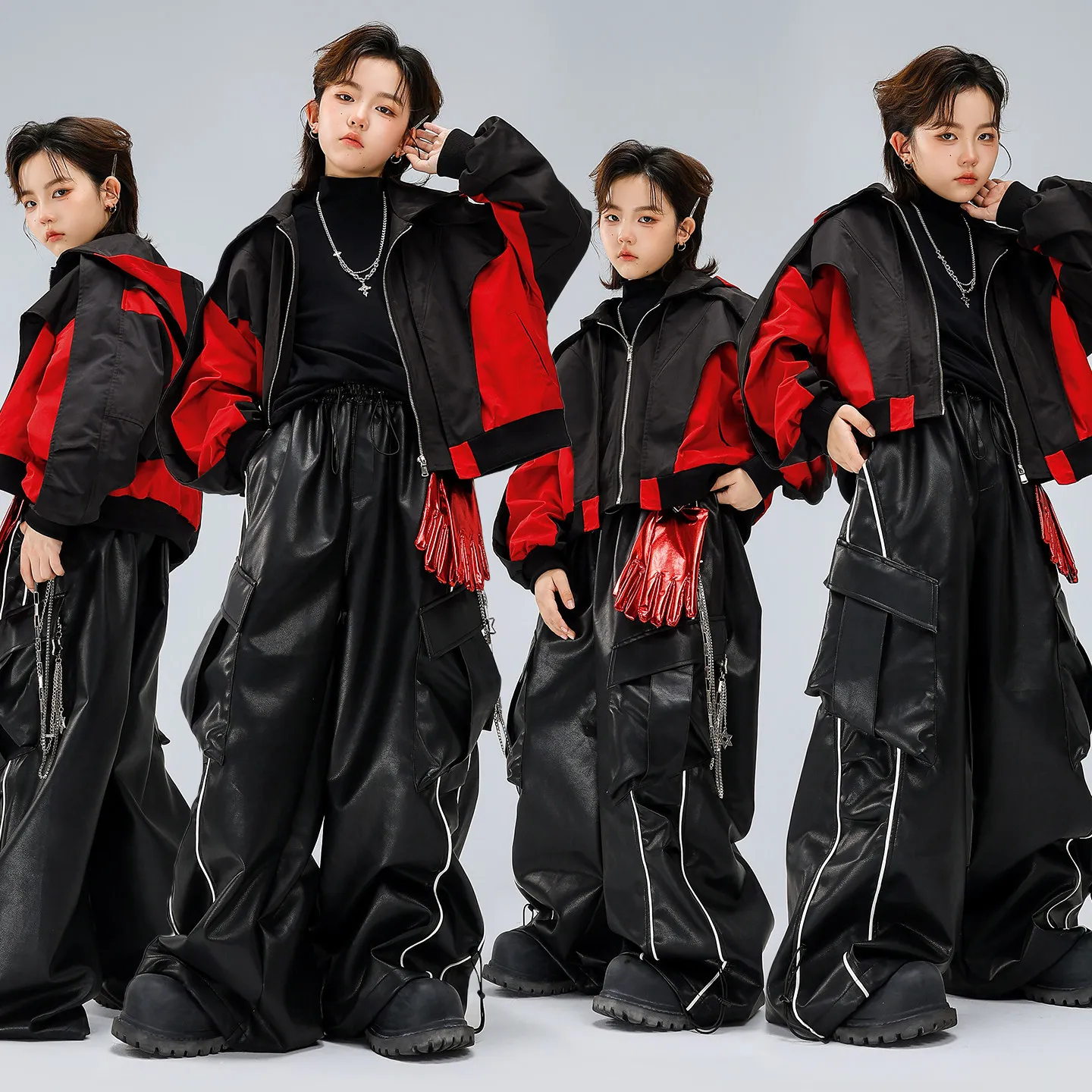Kid Kpop Hip Hop Clothing Black Red Short Hoodie Jacket PU Leather Striped Cargo Pants for Girl Boy Street Dance Costume Clothes
Kid Kpop Hip Hop Clothing Black Red Short Hoodie Jacket PU Leather Striped Cargo Pants for Girl Boy Street Dance Costume Clothes