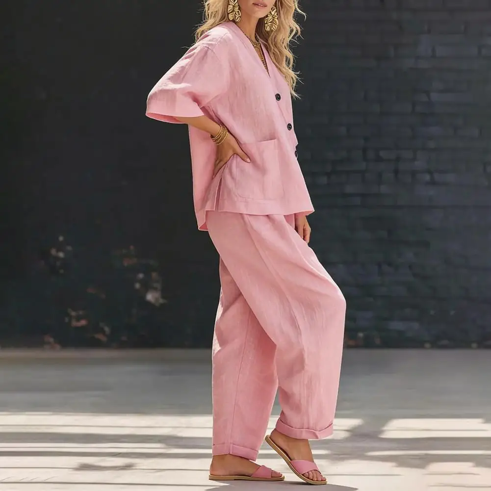 2026 Women Two-piece Set Casual Button Short Sleeve V Neck Top And Long Pants Lounge Set with Pockets Summer Loose Matching Set
2026 Women Two-piece Set Casual Button Short Sleeve V Neck Top And Long Pants Lounge Set with Pockets Summer Loose Matching Set