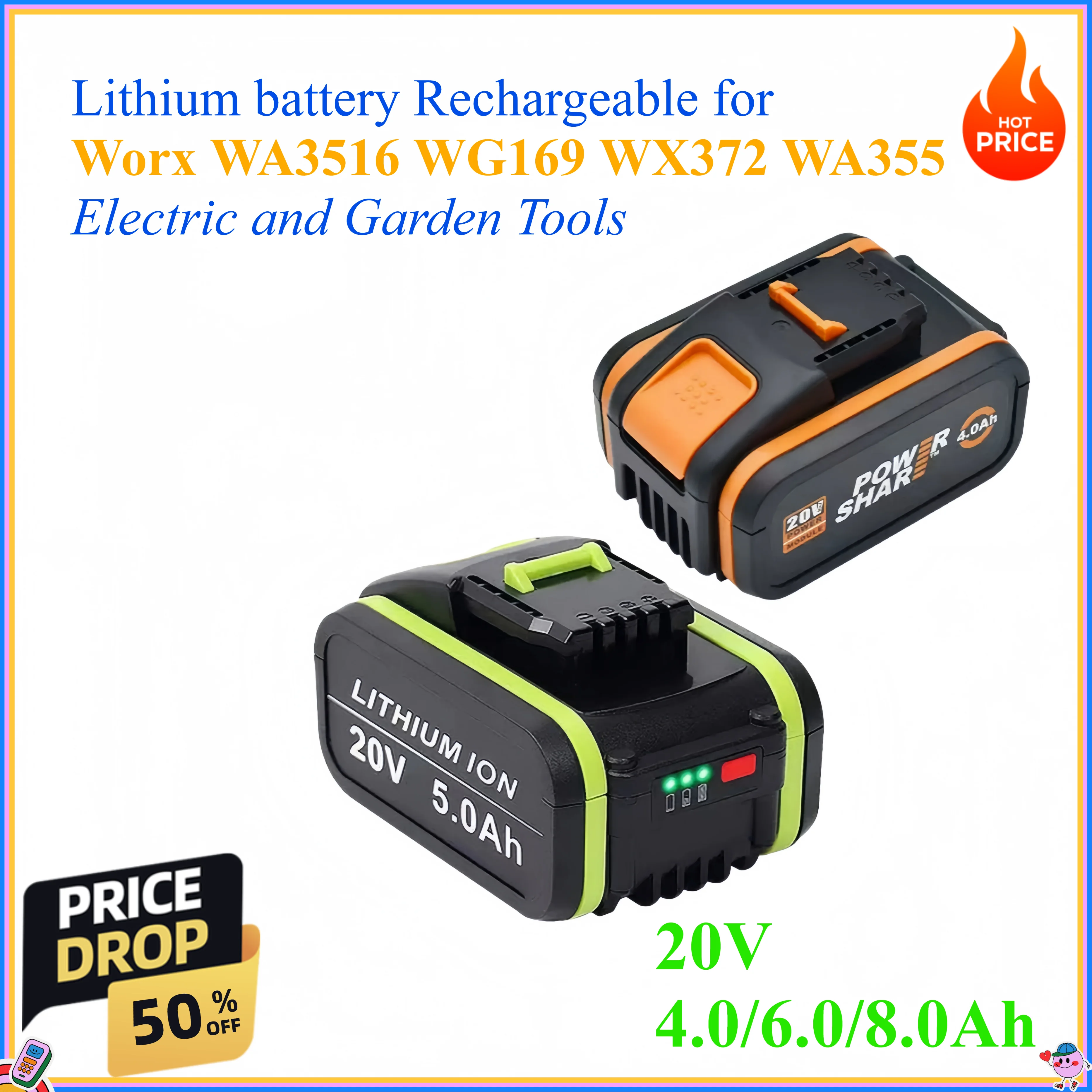20V 4.0/6.0/8.0Ah Lithium battery Rechargeable for worx WA3516 WG169 WX372 WA355 for All WORX Electric and Garden Tools
20V 4.0/6.0/8.0Ah Lithium battery Rechargeable for worx WA3516 WG169 WX372 WA355 for All WORX Electric and Garden Tools