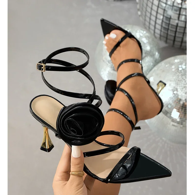 Women's Pointed Toe Patent Leather Spiral Wrap Around Straps Satin Rose Flower Decor Flared Cone Heel Sandals Sexy PartyFootwear
Women's Pointed Toe Patent Leather Spiral Wrap Around Straps Satin Rose Flower Decor Flared Cone Heel Sandals Sexy PartyFootwear