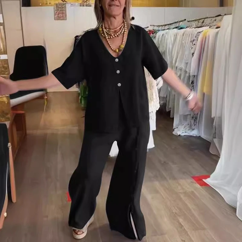 Casual Solid Loose Cotton and Linen Suit 2024 Spring V-neck Button Slit Top+Wide-leg Pants Outfit Summer Short Sleeve Women Sets
Casual Solid Loose Cotton and Linen Suit 2024 Spring V-neck Button Slit Top+Wide-leg Pants Outfit Summer Short Sleeve Women Sets