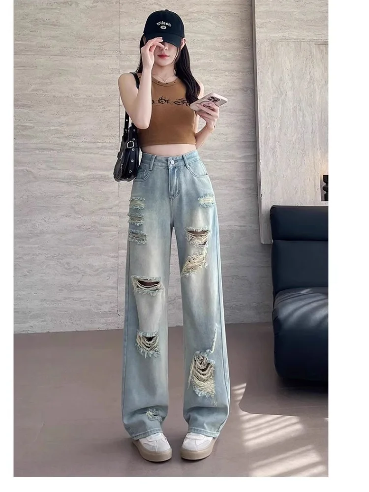 European and American Retro Ripped Jeans 2025 Summer Thin High-waisted Loose Straight Wide-leg Pants For Women
European and American Retro Ripped Jeans 2025 Summer Thin High-waisted Loose Straight Wide-leg Pants For Women