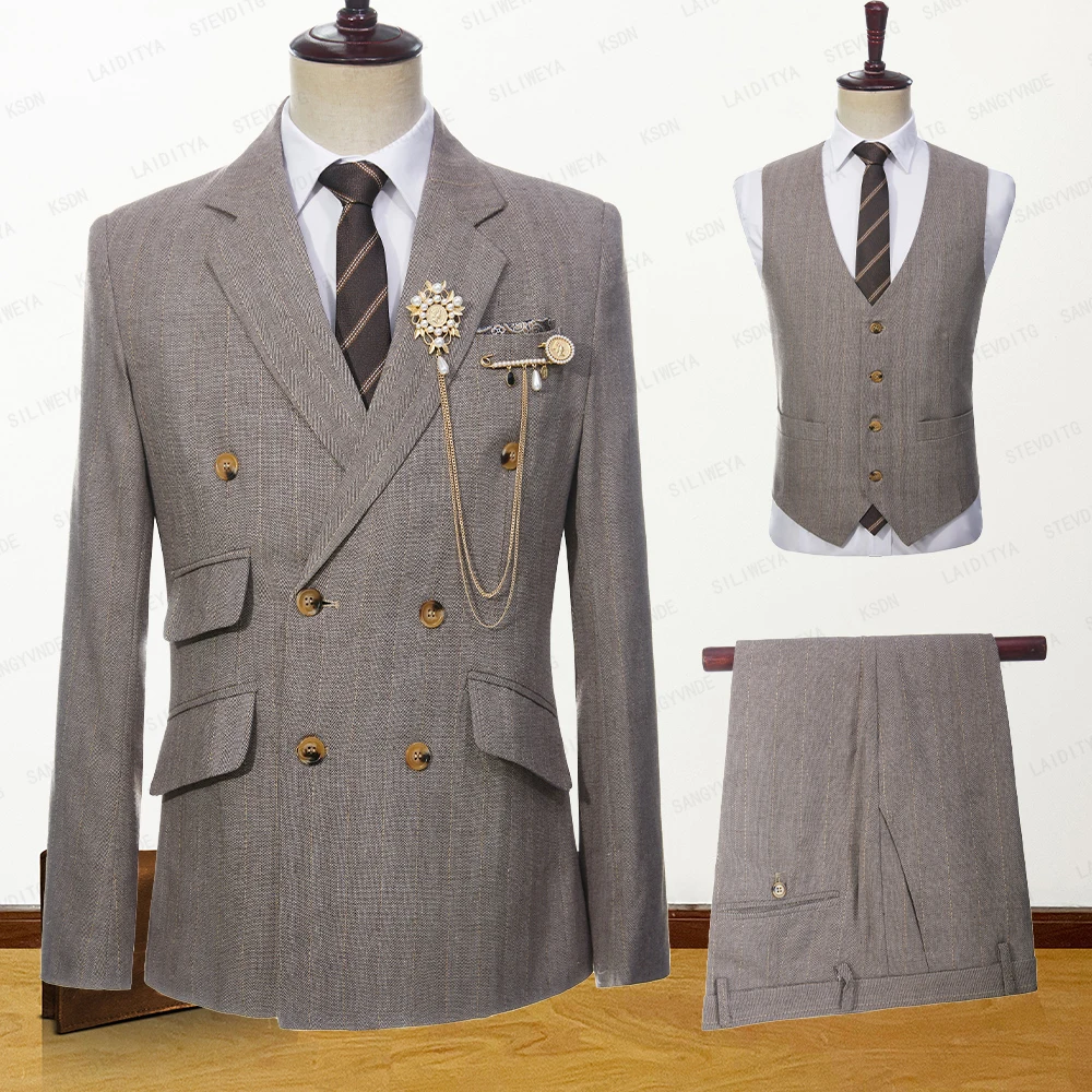 2023 Latest Summer Men Double Breasted Khaki Linen Suits Vetical Stripe Slim Fit Tuxedos For Wedding 3 Pcs Set Jacket Vest Pants
2023 Latest Summer Men Double Breasted Khaki Linen Suits Vetical Stripe Slim Fit Tuxedos For Wedding 3 Pcs Set Jacket Vest Pants