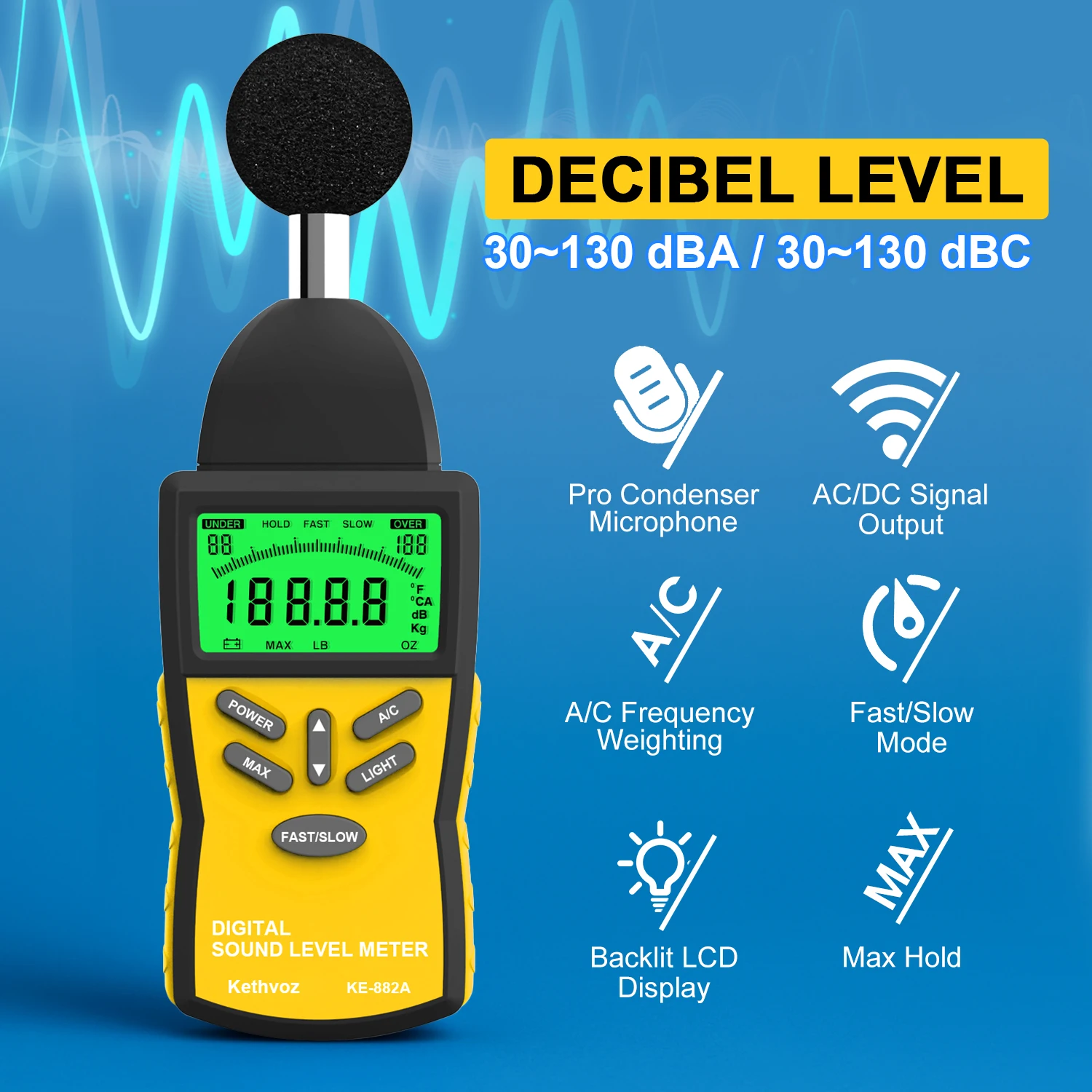 HoldPeak Noise Measure Device 882A ,Professional Digital Sound Level Meter with A/C Weighting Fast/Slow AC/DC Output
HoldPeak Noise Measure Device 882A ,Professional Digital Sound Level Meter with A/C Weighting Fast/Slow AC/DC Output