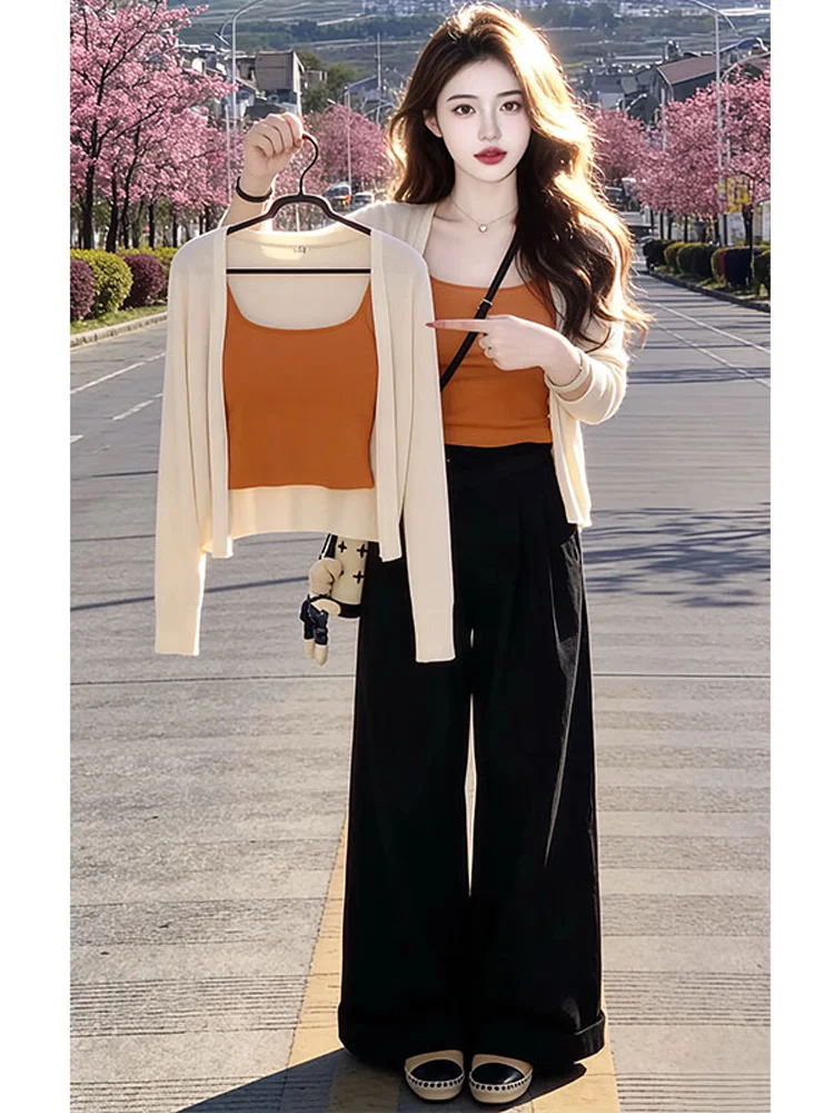 Fashionable Thin Cardigan Inner Vest Wide Leg Pants Women's Set Spring New Style Casual Loose Fit High Waist Breathable
Fashionable Thin Cardigan Inner Vest Wide Leg Pants Women's Set Spring New Style Casual Loose Fit High Waist Breathable