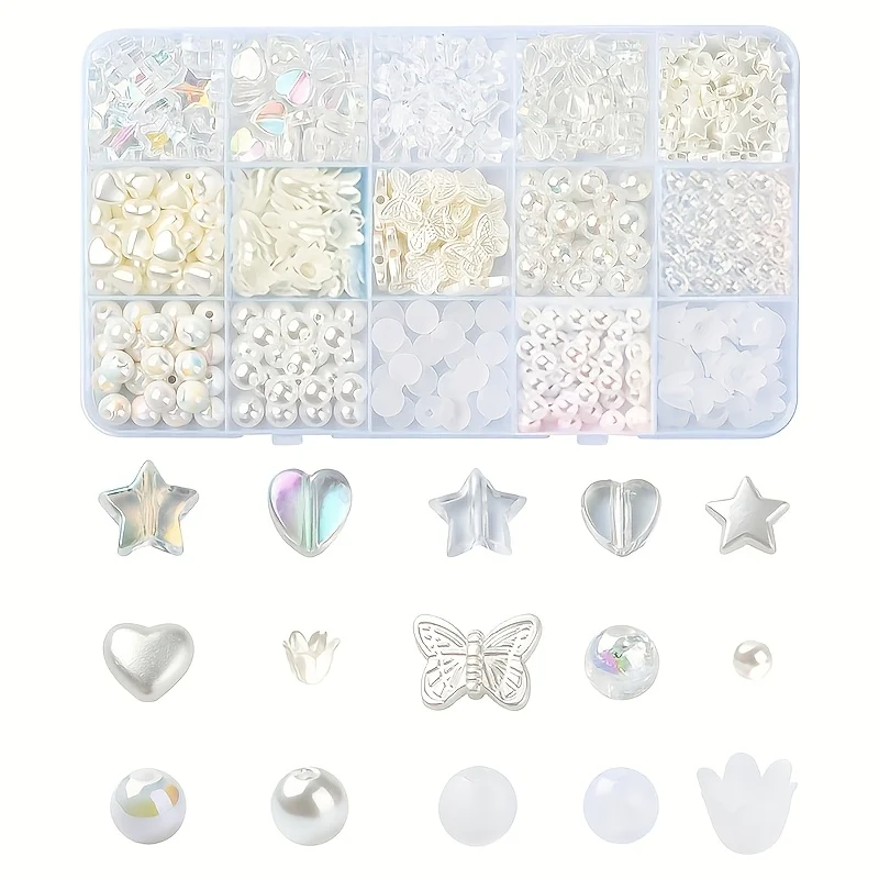 15 grid white set box, including pentagram heart, round beads, butterfly flowers, DIY jewelry production
15 grid white set box, including pentagram heart, round beads, butterfly flowers, DIY jewelry production