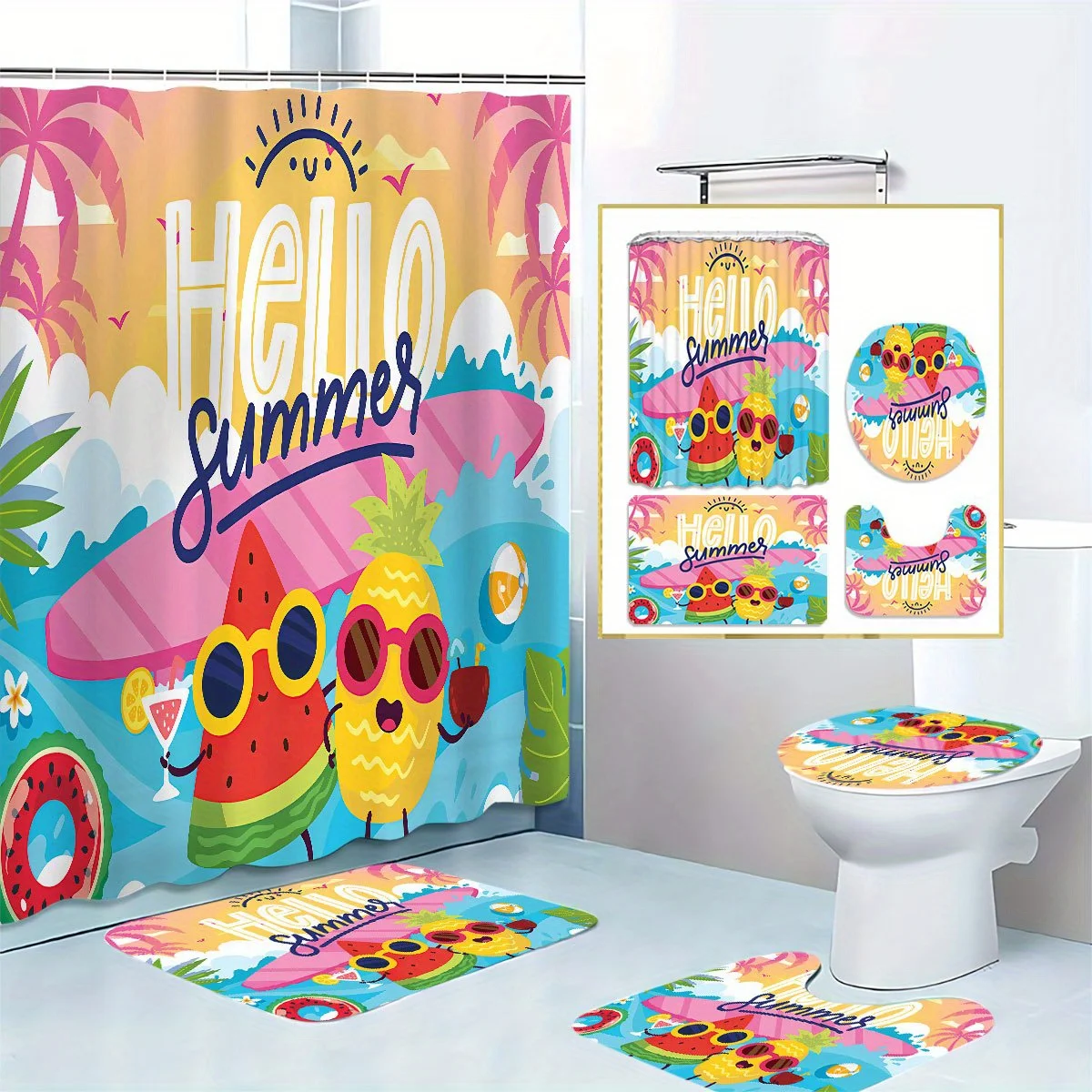 4 шт. "Набор занавесок для душа Hello Summer Beach с ковриком для ванной, U-образный коврик для унитаза - водонепроницаемый полиэстер, декор для ванной комнаты"
4 шт. "Набор занавесок для душа Hello Summer Beach с ковриком для ванной, U-образный коврик для унитаза - водонепроницаемый полиэстер, декор для ванной комнаты"