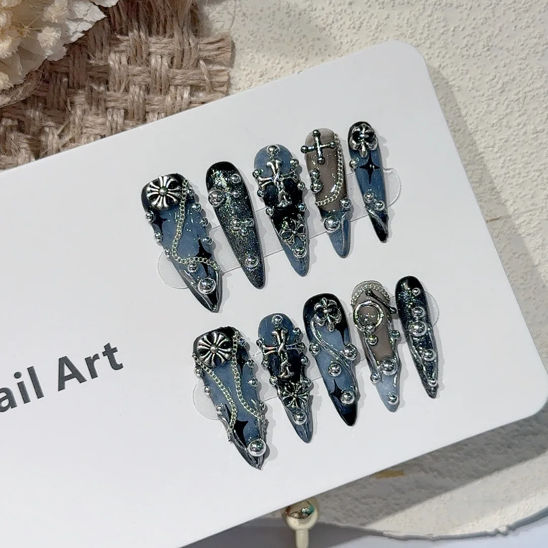 Gothic Dark Blue Press-on Nails with Silver Metal Chains Cross Rhinestones Handmade Exquisite Design for Women Party Daily Wear
Gothic Dark Blue Press-on Nails with Silver Metal Chains Cross Rhinestones Handmade Exquisite Design for Women Party Daily Wear