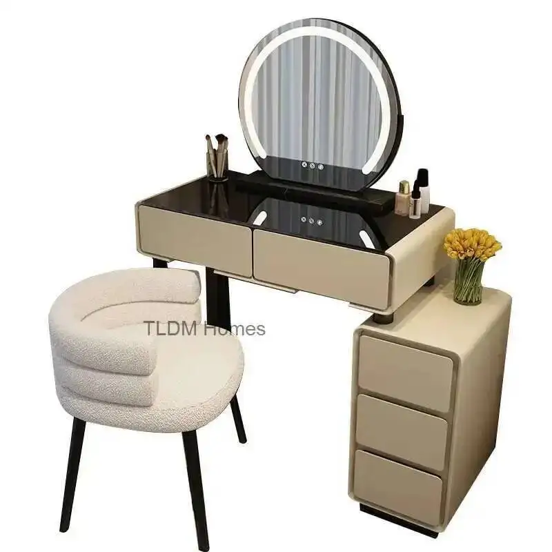 Simple Dressing Vanity Beauty Table Slate Bedroom Table Led Mirror with Chair Storage Drawer Tempered Glass Modern Furniture r 
Simple Dressing Vanity Beauty Table Slate Bedroom Table Led Mirror with Chair Storage Drawer Tempered Glass Modern Furniture r