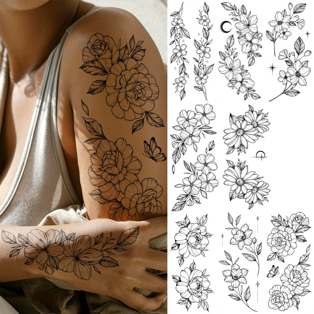8pcs Realistic Black Rose Peony Temporary Tattoo for Women Waterproof Long-Lasting Floral Sketch Stickers for Arms Legs Body Art
8pcs Realistic Black Rose Peony Temporary Tattoo for Women Waterproof Long-Lasting Floral Sketch Stickers for Arms Legs Body Art