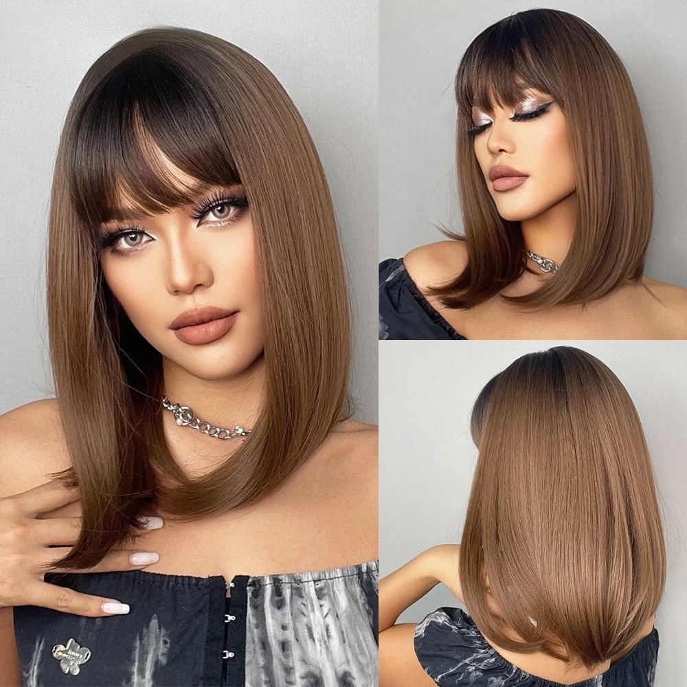 Qi bangs natural gradual change black brown shoulder length short straight hair European and American wigs chemical fiber full h
Qi bangs natural gradual change black brown shoulder length short straight hair European and American wigs chemical fiber full h