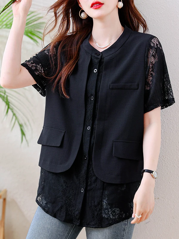 Authentic Lace Patchwork Shirt Vest Loose Slimming Black Short Sleeve Top Casual Style Polyester Fiber Mid-Length
Authentic Lace Patchwork Shirt Vest Loose Slimming Black Short Sleeve Top Casual Style Polyester Fiber Mid-Length